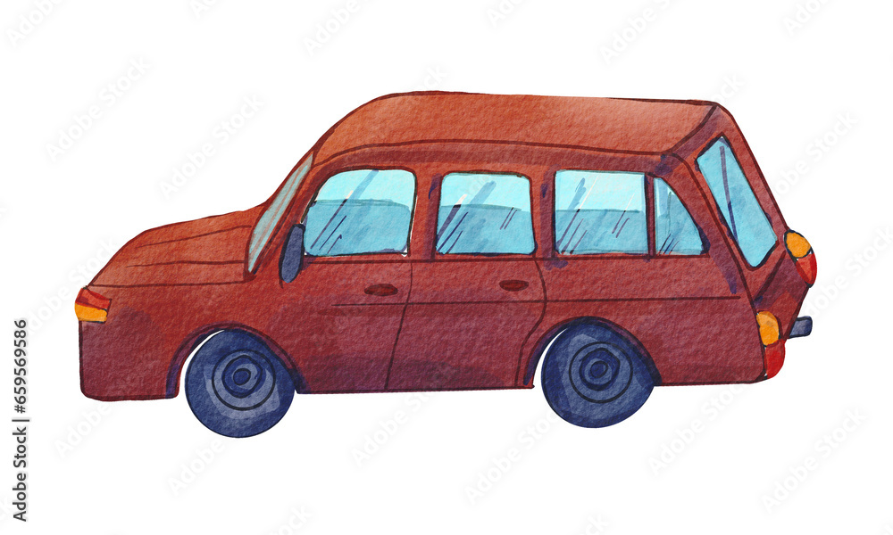 Red retro car painted in watercolor by hand. Watercolor illustration of vintage technique. From the collection hiking in nature. The Soviet car is suitable for postcards, design compositions