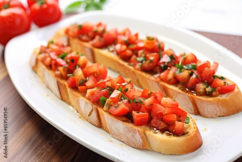 toasted baguette slices topped with diced tomatoes on a white platter