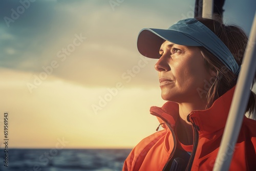 Sailing sportswoman sea. Racing ship. Generate Ai photo
