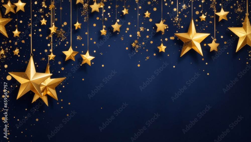 Abstract navy background and gold shine Hanging stars Abstract navy background and gold shine Hanging stars