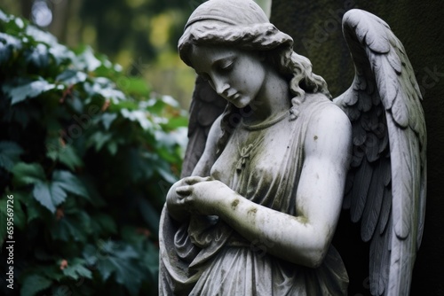 a stone statue of an angel in a graveyard