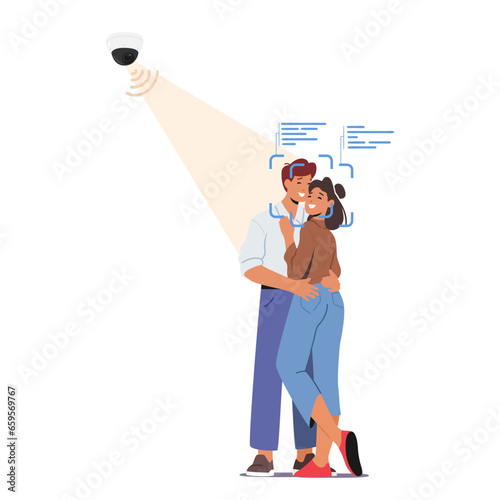 Couple Characters Embracing Monitored Under Surveillance Cameras Face Recognition System, Vector Illustration