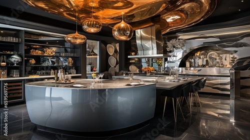 A luxury culinary space adorned with a fusion of metallic accents and bold patterns.