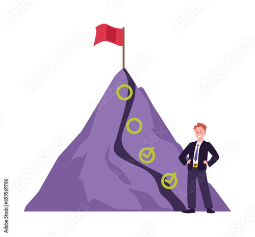 Businessman posing near the mountain with red flag and checkmarks, vector time management to increase productivity