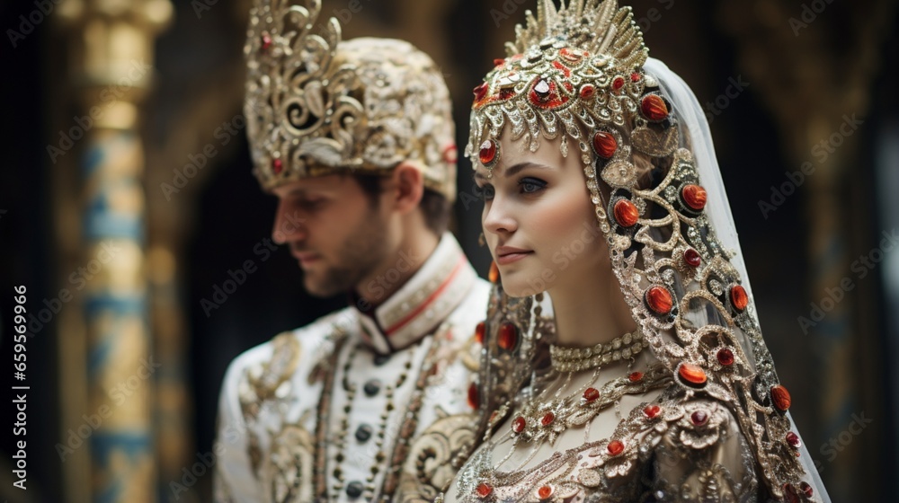 A bride and groom in beautifully embroidered traditional wedding attire, symbolizing their union