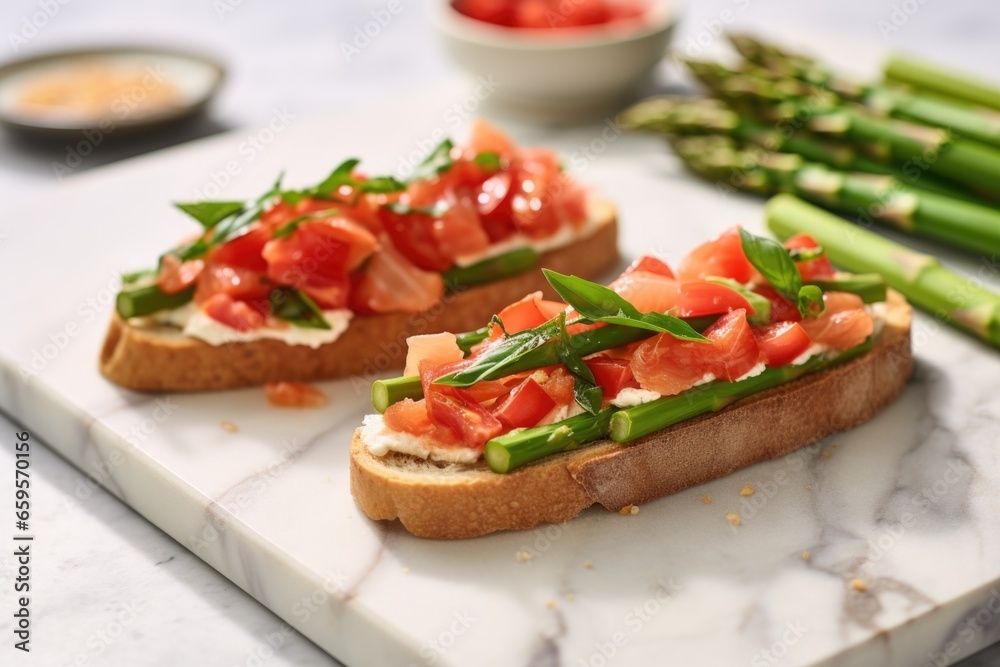 asparagus and tomato bruschetta on a marble surface