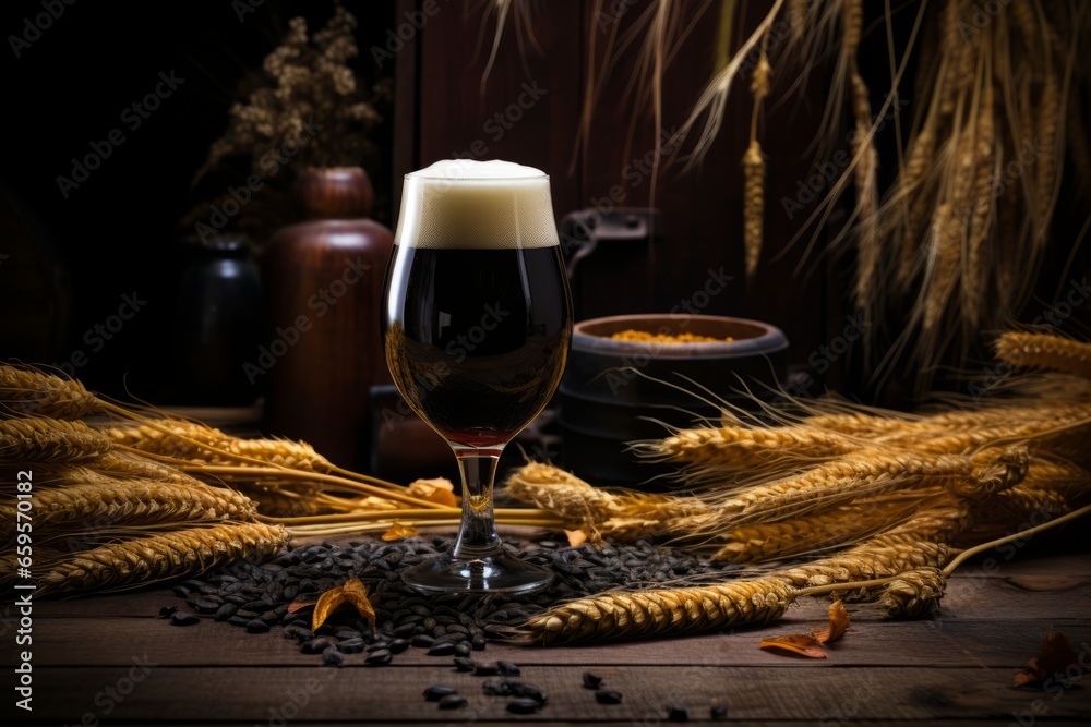 A frothy pint of dark stout beer sitting on a rustic wooden table, surrounded by hops and barley with a backdrop of an old-fashioned brewery - obrazy, fototapety, plakaty 