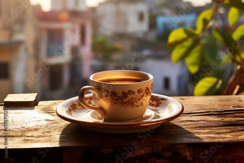 A rich, aromatic cup of Cuban coffee served in a traditional tin mug, sitting atop an old wooden table, with a backdrop of a vibrant Havana street scene