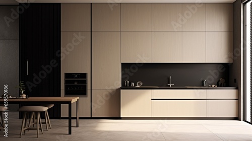 A minimalist kitchen concealing a hidden refrigerator within sleek, seamless cabinetry. © ZUBI CREATIONS