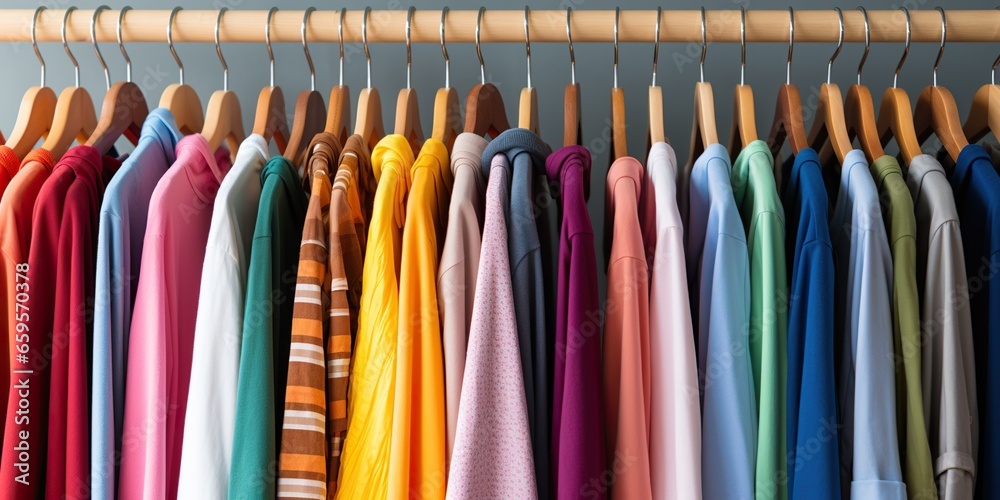 Garments lined up on hangers , concept of Order arrangement