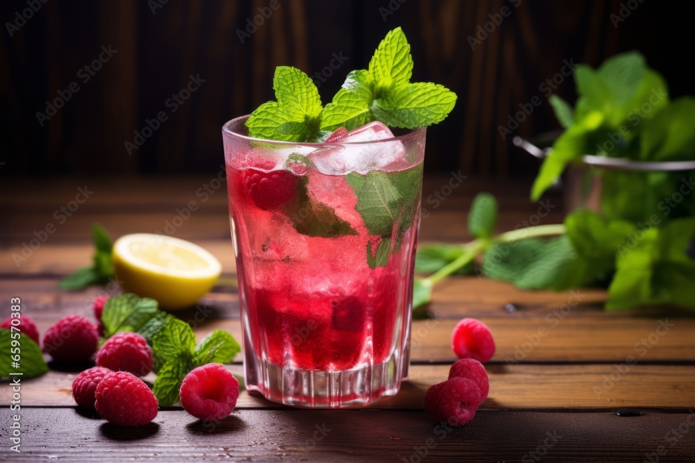 A refreshing glass of raspberry and apple blend, beautifully garnished with fresh mint leaves, served on a rustic wooden table