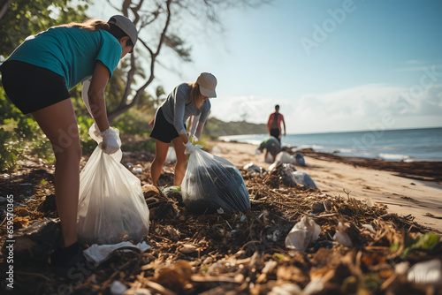 Young people cleaning the beach of waste and plastic photo