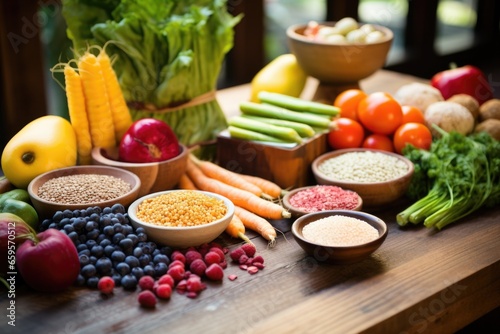 a wooden table with a colorful array of fruits, vegetables, and grains