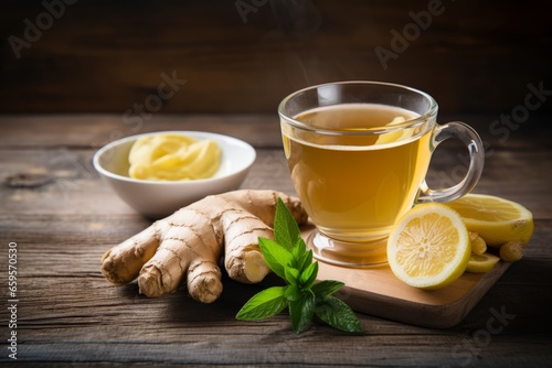 A steaming cup of ginger lemon tea sits on a rustic wooden table, surrounded by freshly cut lemon slices and raw ginger roots, bathed in soft morning light