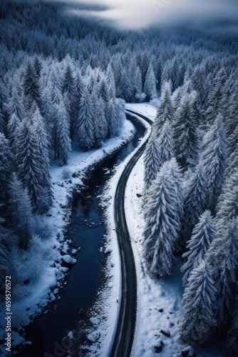 aerial view of a road winding through snow covered forest