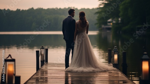 A bride and groom sharing a quiet moment on a pier by the lake