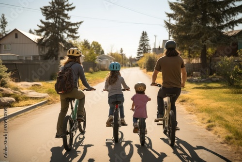 rear view of family riding bicycles in suburban neighborhood