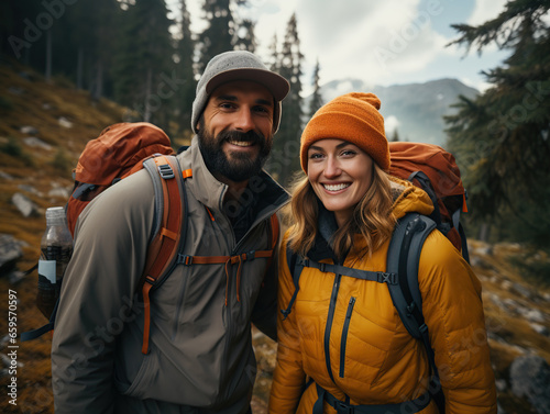 A couple of tourists man and woman with backpacks on a hike in the forest