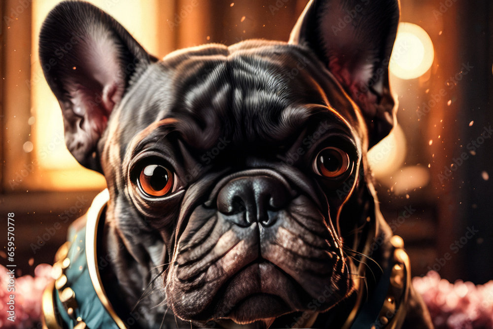 AI generated image of a cute small dog, French bulldog, Frenchie, posing and playing. Close-up, looking at camera, domestic room.