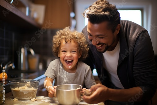 playful father and son baking in kitchen