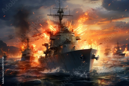 Modern military ship attacking fleet. Water royal. Generate Ai © nsit0108