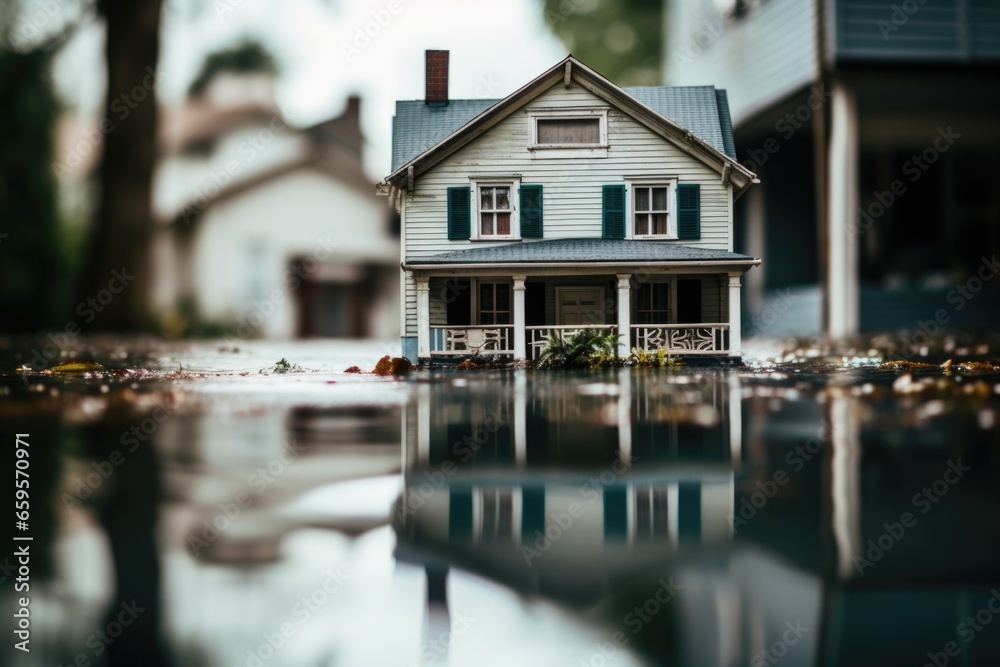 house miniature sinking in water next to flood insurance