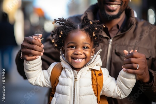 smiling black girl walking with father on street