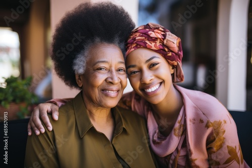 smiling african american senior woman with adult daughter embracing with eyes closed