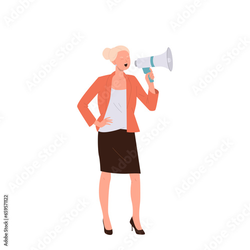Young woman protester cartoon office worker or executive manager character shouting in megaphone