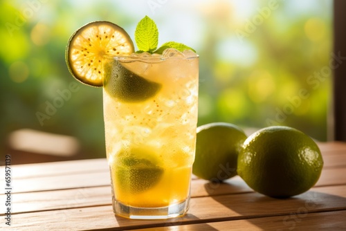 A refreshing glass of homemade passionfruit soda, garnished with a slice of lime, served on a rustic wooden table under the warm afternoon sunlight