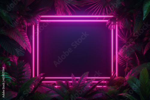 Creative fluorescent color layout made of tropical leaves with neon light vintage frame. Flat lay. Nature concept.