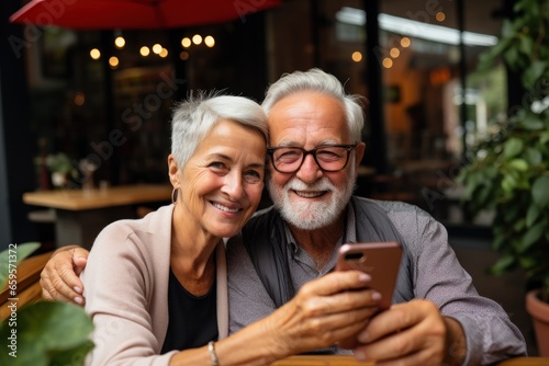 Senior couple taking a selfie while sitting together at an outdoor cafe