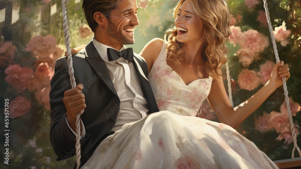 A bride and groom sharing a laugh as they sit on a swing in a garden