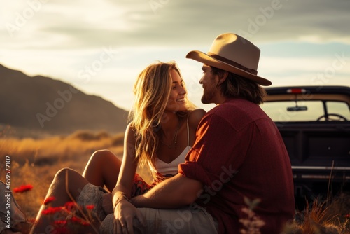 young couple sitting in the back of a truck on a road trip on the beach
