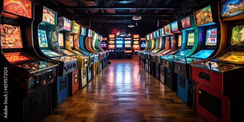 Rows of old arcade machines , concept of Nostalgic gaming photo
