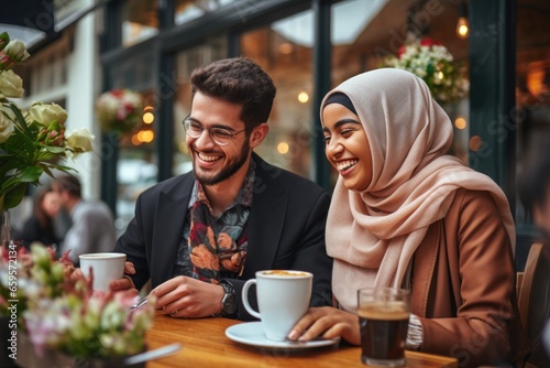 young muslim friends laughing over coffee