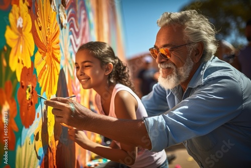 grandfather granddaughter volunteers painting vibrant mural on sunny urban wall