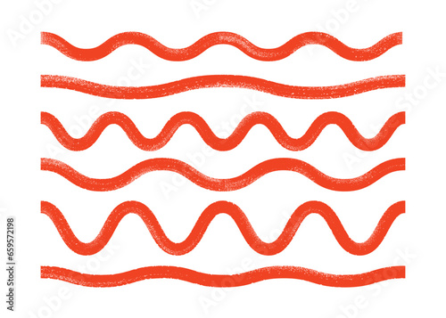 Bold curly lines, red waves set. Vector illustration with textored strokes