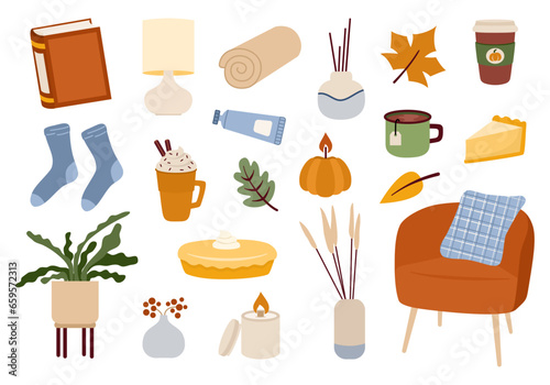 Autumn mood design element set. Hyugge, cozy cute seasonal decor in flat style.