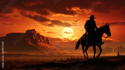 Silhouette of Cowboy riding horse at sunset