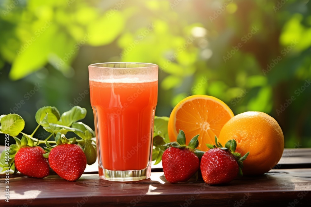 A refreshing glass of freshly squeezed orange strawberry juice, glistening with morning dew, placed on a rustic wooden table in a sunlit garden