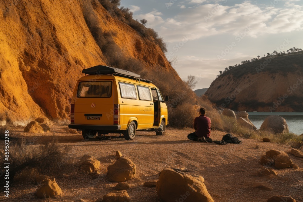 man camping with camper van in nature
