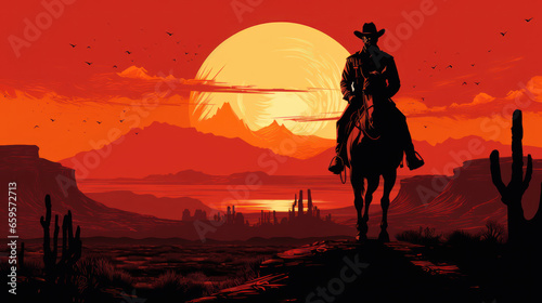 Print op canvas Silhouette of Cowboy riding horse at sunset