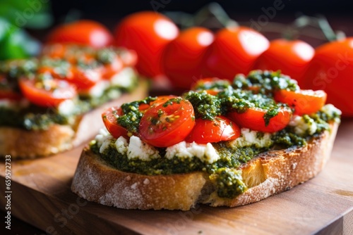 a drastic close up showcasing the texture of pesto on bruschetta