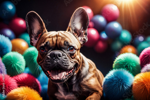 AI generated image of a cute small dog, French bulldog, Frenchie, posing and playing. He is surrounded with colorful balls, illuminated background, vivid, happy, joyful, playful. © Maja