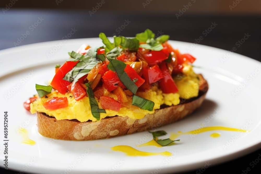 the profile of a bruschetta with scrambled eggs, topped with roasted bell peppers