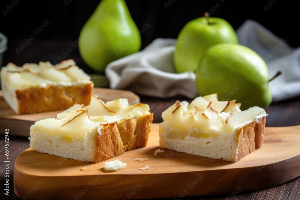 angle view of bread slices topped with pears
