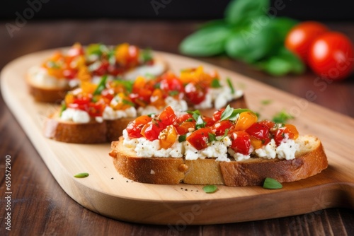 bruschetta with ricotta topped with diced cherry tomatoes on a wooden board