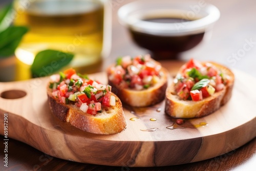 single bruschetta on wooden serving platter with small ramekin of olive oil