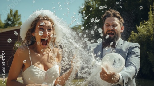 A bride and groom having a playful water balloon fight in their wedding attire